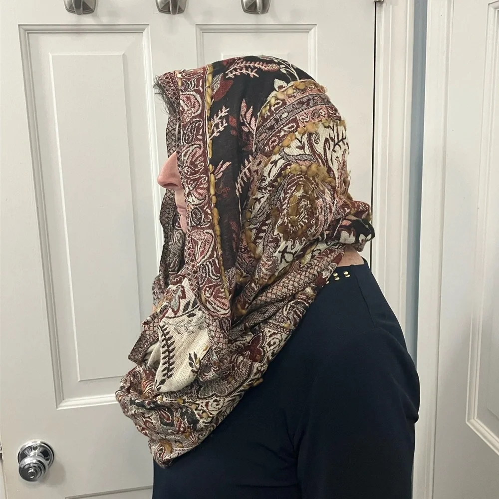 Raj Infinity Scarf Boho Brown Tan Maroon black paisley pattern reversable knit